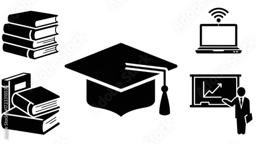 Education and business icons including graduation cap books laptop and presentation board with growth chart for learning and success concepts