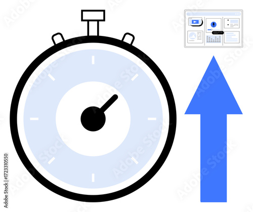 Stopwatch represents speed and efficiency, blue arrow signifies growth, and minimal dashboard highlights analytics. Ideal for time management, growth strategy, productivity boost, progress