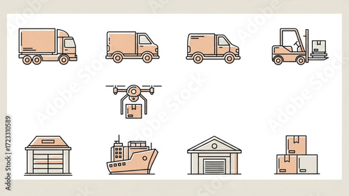 Dynamic logistics icons showcasing modern delivery methods like trucks, drones, forklifts, ships, and warehouses for efficient supply chain management.