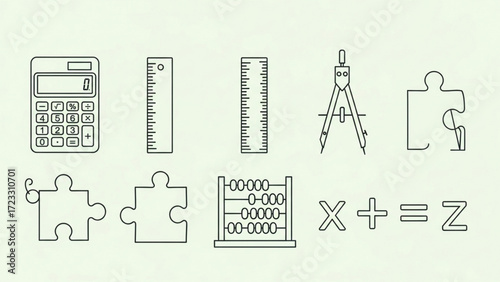 Discover essential math tools and concepts like calculators, rulers, compasses, puzzles, abacus, and algebraic equations for educational or design projects.