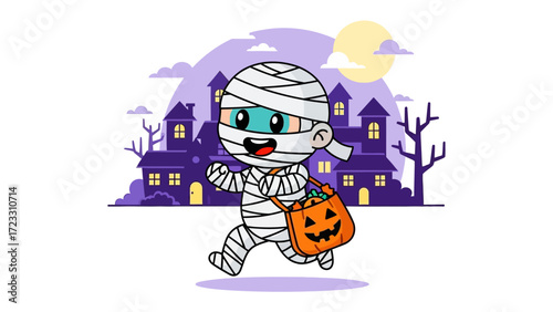 Halloween Mummy Adventure: A playful illustration features a cheerful mummy, excitedly navigating a spooky night, holding a jack-o'-lantern bag.