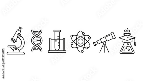 Discover innovation with a collection of science icons including microscope, DNA, test tube, atom, telescope, and graduation flask, perfect for educational and research themes.