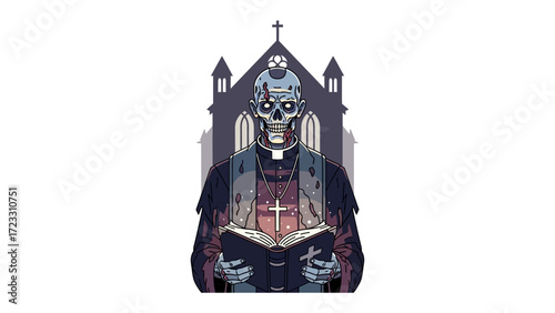 Undead Priest in Church: A striking illustration depicts a decaying priest, clutching a book before a gothic church, in a surreal and eerie juxtaposition of faith and the macabre. 