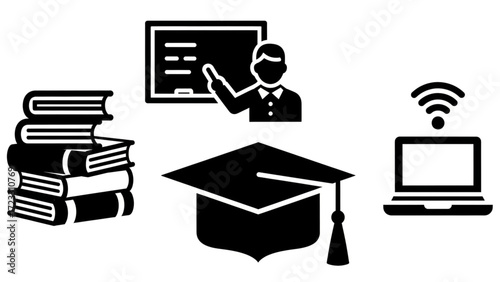Inspiring education icons including books, teacher, graduation cap, and laptop symbolizing learning and knowledge acquisition for modern students.