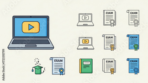 Modern digital learning icons featuring laptops, exams, and graduation cap for educational technology and online courses