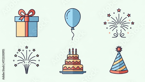 Celebrate joy with vibrant icons of a gift, balloon, cake, fireworks, and party hat perfect for any festive occasion