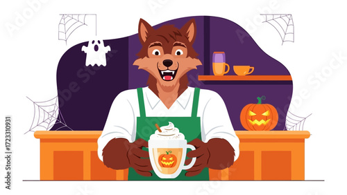 Halloween Werewolf's Coffee Delight: A festive werewolf, in an apron, presents a pumpkin spice latte, surrounded by Halloween decorations for a whimsical autumn themed scene. 