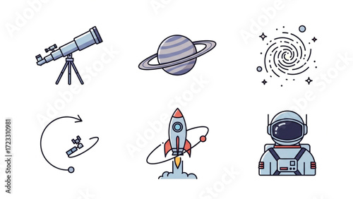 Explore the cosmos with dynamic icons depicting a telescope, Saturn, galaxy, satellite, rocket launch, and astronaut for science and discovery projects