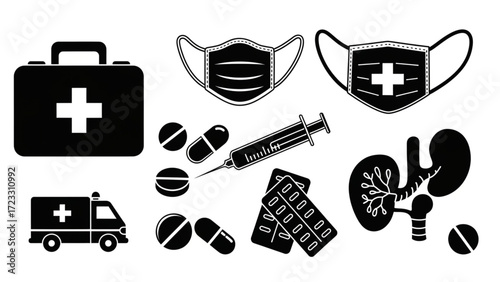 Essential medical icons including first aid kit, ambulance, face masks, syringe, pills, and anatomical organs for healthcare and wellness themes.