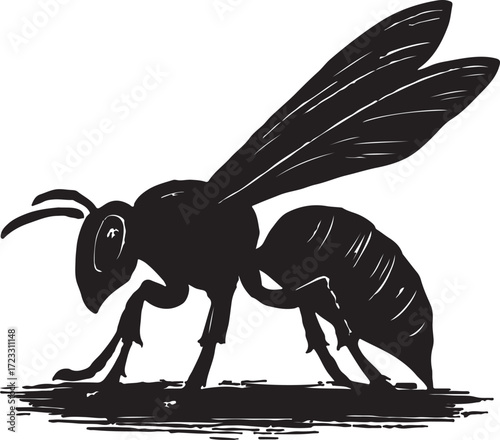 Detailed black silhouette illustration of a wasp with textured wings and body on a white background