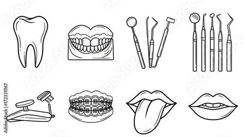 Essential dental icons and tools for oral health care, perfect for medical and wellness content creation.