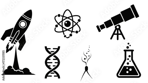 Inspiring collection of science icons including rocket, DNA, atom, telescope, and laboratory flask for innovation and discovery