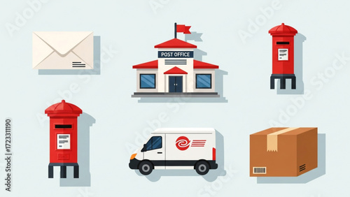 Seamlessly connect with the world through postal services including mailboxes, delivery vans, packages, and post office buildings for all your communication needs.