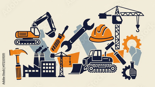 Dynamic construction scene showcasing heavy machinery, tools, safety gear, and industrial elements in a modern graphic style for industry themes.