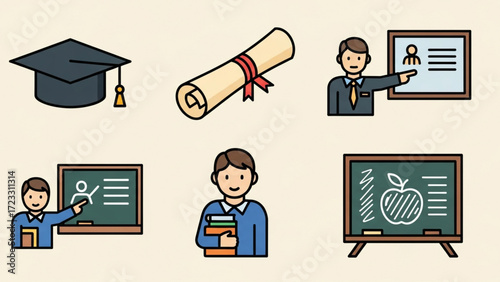 Inspiring educators and students celebrate academic achievement with graduation caps diplomas and classroom learning scenes