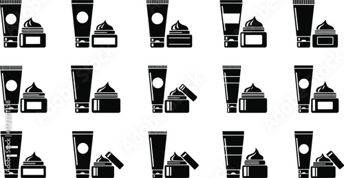 A grid of black and white silhouette icons depicting various cosmetic products including tubes and jars of cream or lotion.