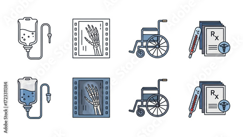 Essential medical icons including IV drip, X-ray, wheelchair, thermometer, and prescription for healthcare and wellness concepts