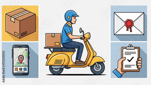 Dynamic delivery courier on scooter with package, tracking app, sealed envelope, and checklist, representing efficient logistics and global shipping services.