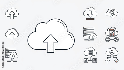 Dynamic cloud technology icons showcasing data upload download server management and analytics for modern business solutions