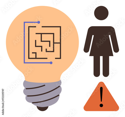 Lightbulb with maze pattern symbolizes complexity, female figure portrays user perspective, triangle with exclamation mark suggests caution. Ideal for innovation, gender inclusivity, risk, strategy
