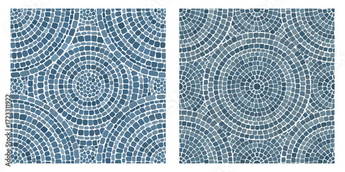 Seamless pattern blue Circular Mosaic. Decorative Antique Stone Ornament.