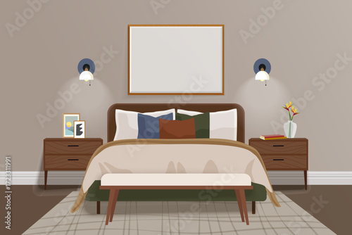 Classic interior with bed, bedside tables and picture mockups on the wall. Empty photo frames in bedroom interior. Vector illustration.