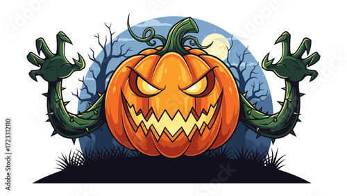 Evil pumpkin illustration for Halloween: A creatively carved pumpkin for Halloween against a haunting backdrop, where darkness meets fantasy. 