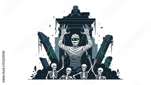 Rise of the Mummy: A dramatic illustration capturing the eerie emergence of a mummy from its ancient tomb, surrounded by skeletal figures and ominous crumbling ruins.