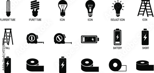 Collection of various black and white icons representing tools, electrical components, and construction elements.