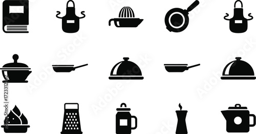 Black and white kitchenware icons: cookbook, apron, juicer, pans, grater, and more.
