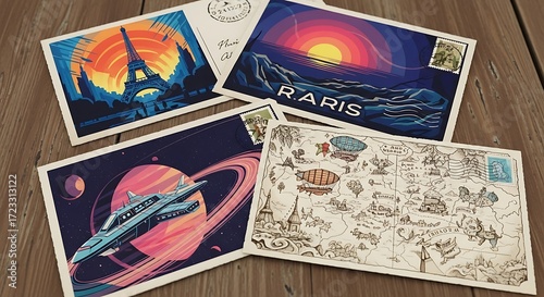 Postcards on Wood Table.