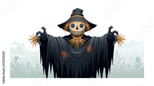 Scary Scarecrow in the field: A fearsome scarecrow stands menacingly amidst a stylized field. The scarecrow's eerie grin, tattered attire.