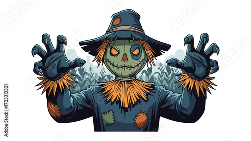 Scarecrow Icon with Menacing Presence: A vividly designed, animated scarecrow with a wicked grin, exuding an air of mystery. and it is perfect for halloween theme, capturing the spooky. 