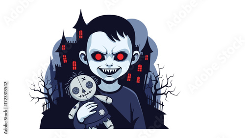 Sinister Halloween Child: A vector illustration of a child with piercing red eyes, clutches a creepy doll, with a spooky haunted house in the background.