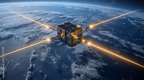 Futuristic Cube Satellite Orbiting Earth with Beams of Light