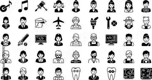 set of 100 glyph professions web icons. filled icons such as musician,lawyer,stewardess,plumber,cricket player,programmer,orthodontist,dj. vector illustration
