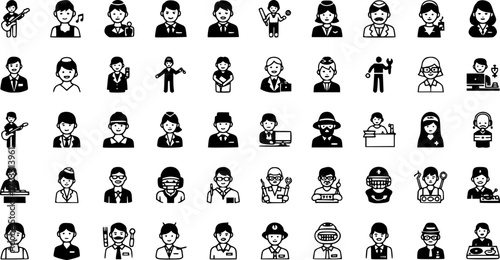 set of 100 glyph professions web icons. filled icons such as musician,lawyer,stewardess,plumber,cricket player,programmer,orthodontist,dj. vector illustration