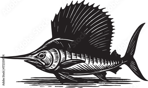 Detailed black and white illustration of a majestic sailfish with its prominent dorsal fin raised in a dynamic pose