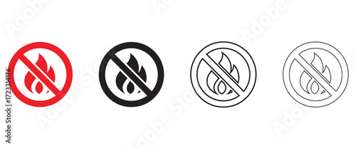 No fire sign vector, no smoking, forbidden no flame and no open fire burning red sign vector