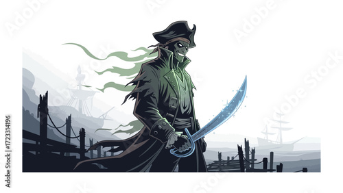 Spectral Buccaneer: A ghostly buccaneer, bearing a skeletal visage and draped in tattered garb, brandishes a gleaming cutlass amidst a misty harbor setting.