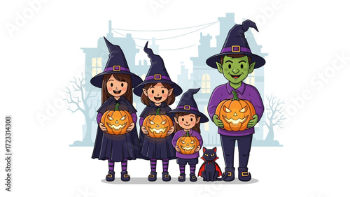 Spooky Halloween Celebration: A lively family dressed as witches gleefully poses with glowing Jack-o'-lanterns, captured against a backdrop of a ghostly town.