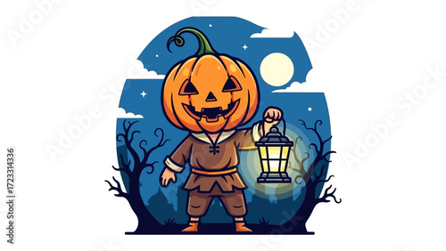 Halloween Pumpkin Man with Lantern: A whimsical illustration featuring a pumpkin-headed figure with a lantern, conjuring the spooky spirit of Halloween night.