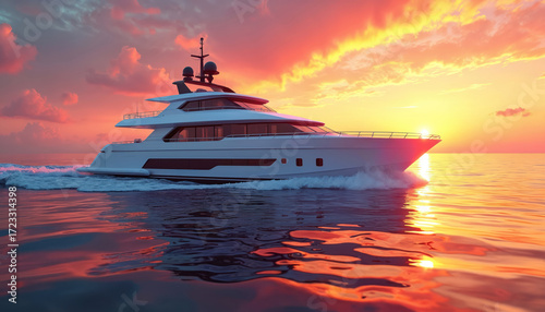 Modern yacht sailing on ocean at sunset. Sky blends vibrant orange, pink, purple colors. Luxury boat, summer vacation at sea, sunset cruise concept, expensive lifestyle. Wonderful nature scene.