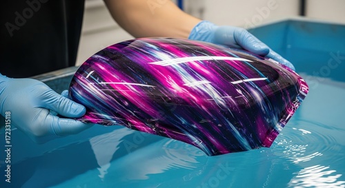 Person hydro dipping an object with a vibrant cosmic pattern using water transfer printing tech