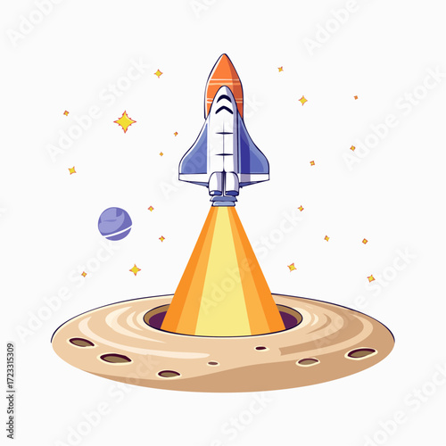 Spacecraft launching from crater, fiery trail, stars, planets.