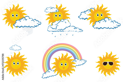 Colorful weather set collection cloud, sun, rainbow, rain, wind with face eyes emotion on white background .