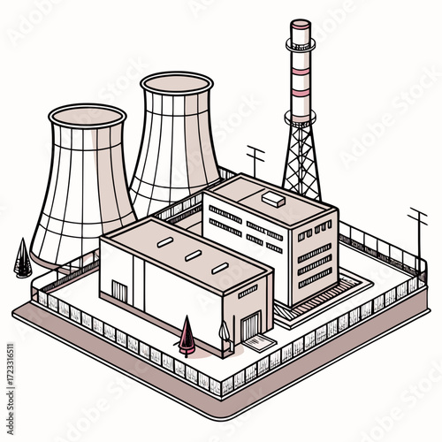 Isometric illustration of a power plant with cooling towers and a smokestack on a white background