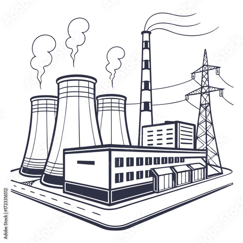 Industrial power plant with cooling towers smokestack and transmission tower emitting steam and smoke