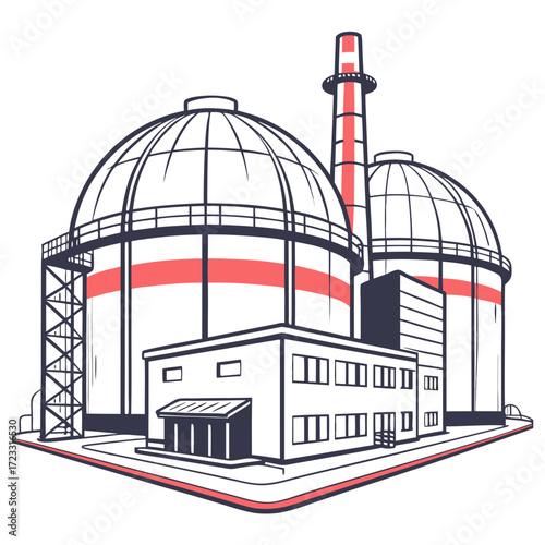 Modern industrial complex with large spherical storage tanks and a central administrative building and smokestack