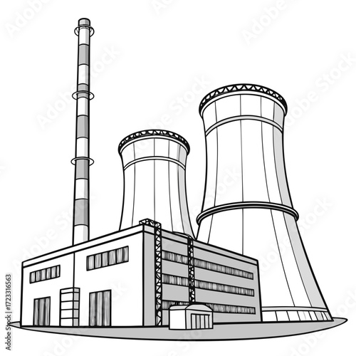 Stylized black and white illustration of a power plant with cooling towers and a smokestack